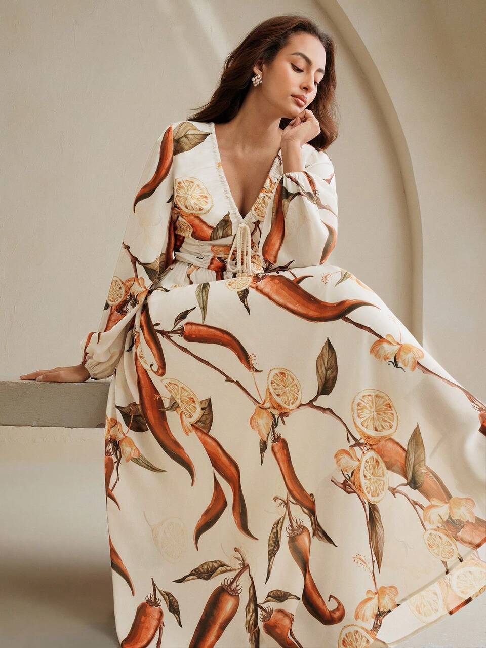 V-Neck Lantern Sleeve Drawstring Chest Design Slim Waist Elegant Lady Long Dress For Outdoor Wear