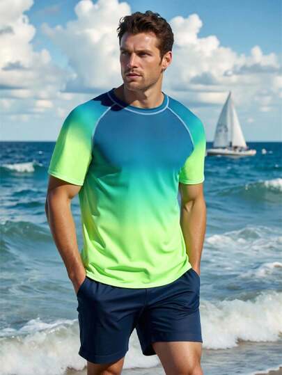 Manfinity Swimmode Men's UV Protection Short Sleeve Rashguard Top & Zipper Pocket Swim Trunks Swimsuit Swim Shirt For Men Men Rash Guard Men Swim Top