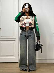 Slaydiva 2025新款早秋冬休闲街头日常约会机车复古棒球夹克口号Logo杏色拼接黑绿印花落肩长袖宽松外套针织面料女装