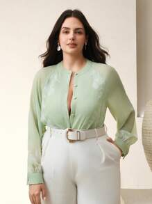 Anewsta Áo cánh dài tay họa tiết hoa mỏng manh thanh lịch sang trọng dành cho nữ màu xanh lá cây nhạt - màu xanh lá - Xem 3