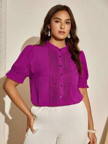 Nubod Plus Size Women's Puff Sleeve Stand Collar Shirt - Multicolor - View 5