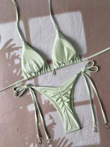 SHEIN Swim 纯色比基尼泳装，适合春假海滩度假 - 薄荷綠 - 查看 2