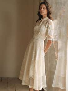 Anewsta 女士衬衫领镂空花卉蕾丝格子连衣裙，情人节，夏季海滩度假，新年装，春季，约会之夜 - 杏色 - 查看 3