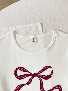 Set da due pezzi per ragazze pre-adolescenti, composto da top a maniche corte con stampa a fiocco in jacquard avorio e pantaloncini a righe in maglia, adatto per il ritorno a scuola - Multicolore - Visualizzare 5