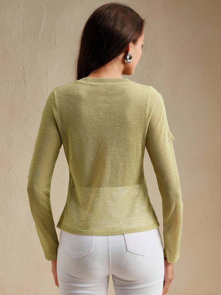 Olive Green Elegant Handcrafted Floral Knit Cardigan, Versatile & Slimming, Suitable For Spring & Autumn