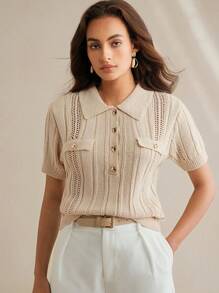 Anewsta 女式针织休闲修身马球领纹理套头衫 - 杏色 - 查看 3