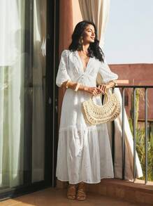 Anewsta White V-Neck Slit Lace Elegant Floor-Length Dress Maxi Women Outfit