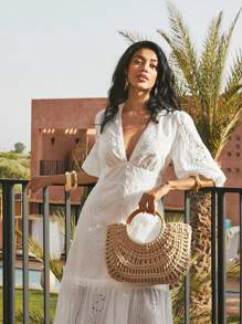 Anewsta White V-Neck Slit Lace Elegant Floor-Length Dress Maxi Women Outfit