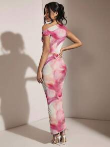 SHEIN BAE 女士不对称领口不对称褶皱紧身两件套，适合夏季/粉色两件套/海滩度假套装/生日派对套装/海岛度假套装