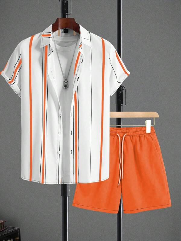 Manfinity Homme 2pcs/Set Men's Summer Casual Striped Shirt And Shorts Set Mens Orange And White Striped Shirt And Shorts Set Mens Summer Set Mens Two Piece Set Orange And White Striped Shirt Outfit Mens Beach Outfit Men Stripe Button Up Shirt Shorts Set Men Orange Set Mens Summer Clothes Set Mens Striped Shirt And Shorts Set Mens Orange And White Striped Shirt Set Mens Orange And White Outfit