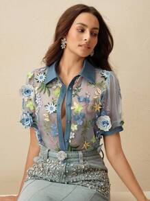 Anewsta Women Blue Single-Breasted Floral Embroidery Puff Sleeve Shirt - Blue - View 6