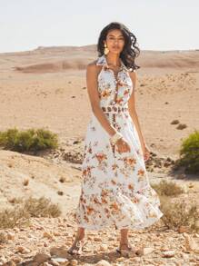 Anewsta Vestido de mujer elegante y romántico con volantes en el bajo, sin mangas, con estampado floral, para vacaciones/citas, atuendo casual para primavera/verano, ideal para festivales y vacaciones