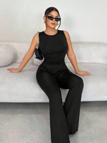 SHEIN SXY Women's Sexy Black Sleeveless Mock Neck Waist Pleated Asymmetric Hem Crop Top And Tight Pants 2 Pieces Set, Spring/Summer,Office Outfits For Women,Summer