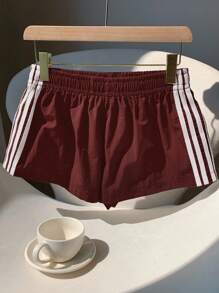 Comfortcana 女士休闲拼色条纹短裤，夏季 - 酒紅色 - 查看 5