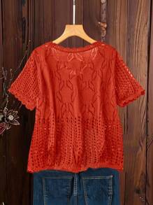 Linhara Plus Size Women Plain Knit Round Neck Hollow Single-Breasted Short Sleeve Cropped Casual Lightweight Cardigan, Spring/Summer