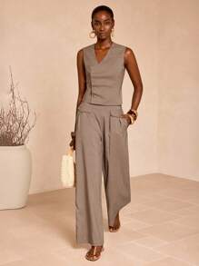 Zivah Conjunto de traje casual de verano 2025 para festivales de música y graduación: Top sin mangas de tela de lino texturizada con diseño de botones y pantalones rectos en caqui, adecuado para ocio, playa, uso diario / Conjunto de pantalones de lino / Conjunto de pantalones de verano / Conjunto de ropa de verano para mujer / Conjunto de pantalones de pierna ancha