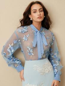 Anewsta Blusa elegante de mujer con malla transparente y flores 3D para ir al trabajo