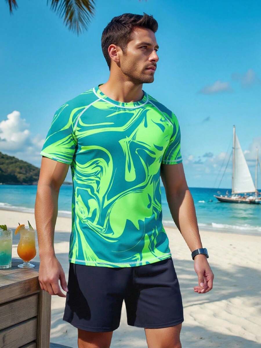 Manfinity Swimmode Men's Vacation Beach Surfing Swimwear Rash Guard Set