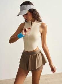 VARSIVA Women's Solid Color Zipper Curved Hem Sleeveless Stand Collar Casual Tank Top - Apricot - View 6