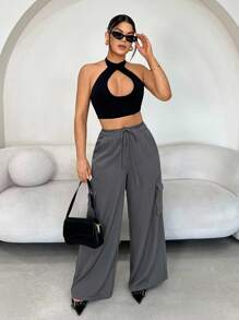 SHEIN SXY Pantalon cargo ample à jambes larges et poches à rabat de couleur unie pour femmes, pantalon à jambes larges pour femmes, pantalon gris, pantalon ample pour femmes, pantalon décontracté pour femmes, enseignante, Y2K, sortie, décontracté d'affaires, bureau - Gris - Voir 5