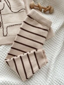 SHEIN 米色幼儿男孩/女孩冬季可爱卡通动物嵌花针织柔软圆领毛衣上衣和裤子 2 件套