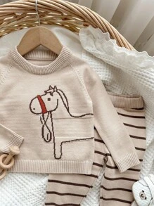 SHEIN 米色幼儿男孩/女孩冬季可爱卡通动物嵌花针织柔软圆领毛衣上衣和裤子 2 件套
