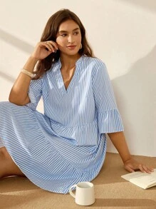 Nubod Plus Size Striped Simple Pleated Design Dress For Women - Blue - View 1