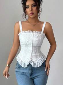 Elenzga Women's Summer Ruffled Chiffon Patchwork Design Fitted Camisole - White - View 4