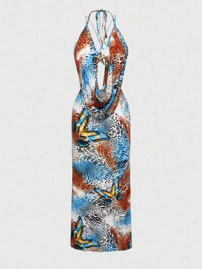 Fairycore Vacation Style Vintage Butterfly & Zebra Print Hollow Out Backless Bowknot Bodycon Mermaid Dress