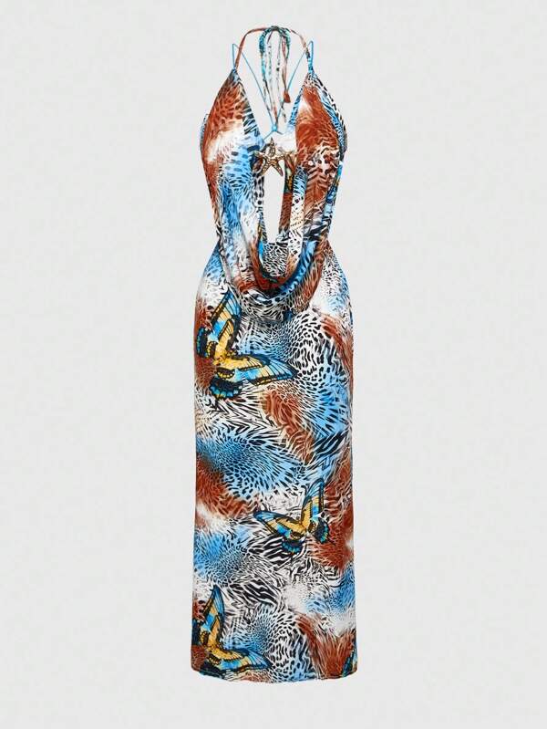 ROMWE Fairycore Vacation Style Vintage Butterfly & Zebra Print Hollow Out Backless Bowknot Bodycon Mermaid Dress