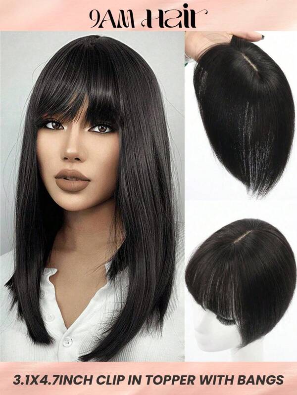 Silk Base Virgin Human Hair Topper Natural Black Top Hairpiece Air Bangs 8 X 12 CM Straight Topper With Bangs