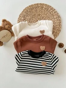 SHEIN 3 件套男婴/女婴卡通图案条纹纯色长袖运动衫套装，百搭适合秋冬季外出 - 彩色 - 查看 2