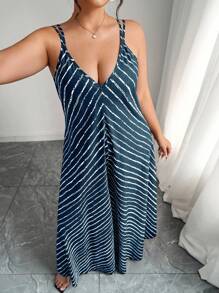 Elenzga 大码夏季新款条纹连体裤，休闲宽松度假风，性感细肩带阔腿裤，女款