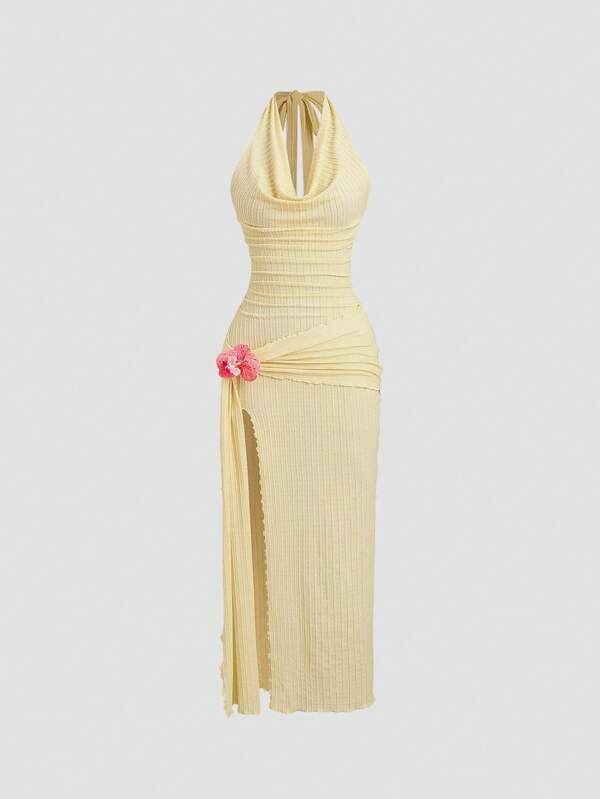 Sweetra Elegant Draped Neck High Slit Textured Fabric Dress