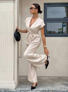 Siren Gaze Conjunto de 2 piezas de blusa y pantalones de unicolor casual y de oficina para mujer