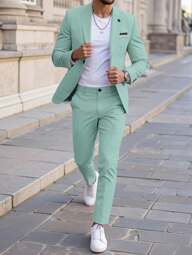 Manfinity Mode Men's Classic Peak Collar Flap Detail Casual Blazer Jacket And Trouser Suit Set Men Casual Suits