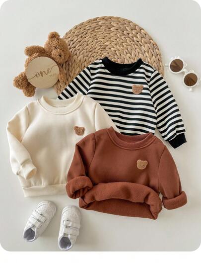 3 件套男婴/女婴卡通图案条纹纯色长袖运动衫套装，百搭适合秋冬季外出