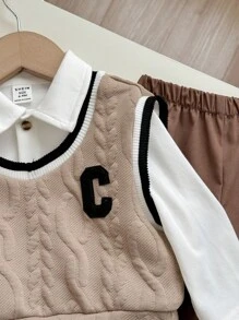 Conjunto de 3 piezas para niño pequeño de camiseta de punto casual universitaria, versátil y a juego, chaleco de color contrastado, camisa de manga larga y pantalones casuales caqui para volver al colegio, otoño/invierno