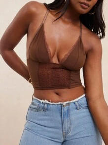 NYA SZN Parte superior con aplicación de encaje, diseño cruzado, estilo crop para verano, festivales de música, elegante para vacaciones, primavera, brunch, playa - para mujeres