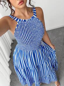 Elenzga Gaun Gingham Bergaris Vertikal Biru dan Putih dengan Ikat Pinggang - Blue and White - View 6