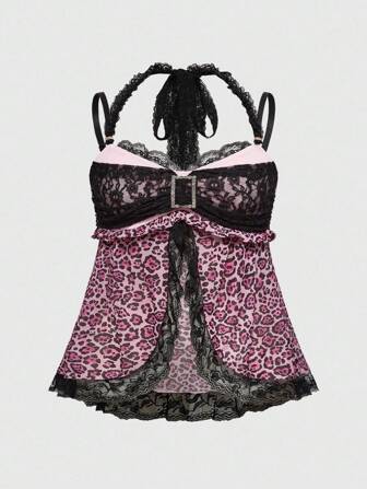 J-Fashion Sweet And Cute Diamond Decor Lace Patchwork Bow Leopard Print Plus Size Women Tank Top