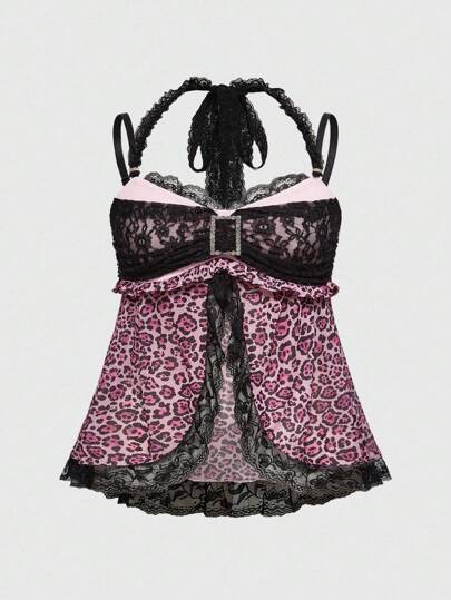 J-Fashion Top de mujer de talla grande con parches de encaje, decoración de diamantes, lazo y estampado de leopardo, dulce y lindo