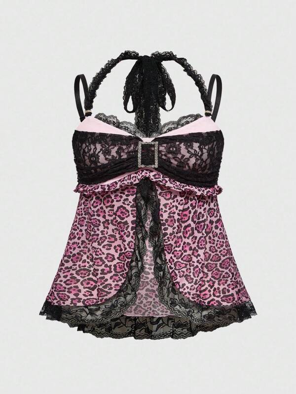 ROMWE J-Fashion Sweet And Cute Diamond Decor Lace Patchwork Bow Leopard Print Plus Size Women Tank Top