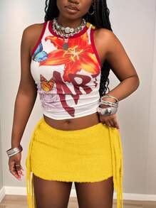 Slaydiva 2025 夏季新款波西米亚伊比萨风格女装、音乐节、西部风、游牧风、派对装、性感泳池度假邮轮旅行海滩阳光病毒式时尚单品、甜美性感红色钩针流苏迷你裙（可搭配）秋冬 - 黃色 - 查看 5