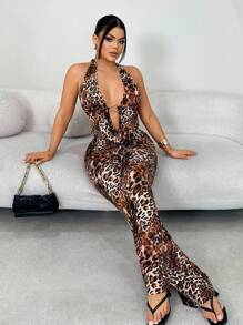 SHEIN SXY Women's Leopard Print Plunging V-Neck Halter Backless Flare Jumpsuit, Summer, Leopard Print Jumpsuit ,Leopard Jumpsuit ,Cheetah Print Jumpsuit, Animal Print Jumpsuit,Business Casual Woman,Office Wear Women,Work,Going Out,Airport,Date Night Outfits Women,Old Money,Club Outfits Women Sexy,Women Summer Clothes,Halter ,Rave Outfits,Sexy Outfits For Women,Club Outfit,Going Out Tops Women,Halter ,Sexy Outfits For Women,Old Money Style Women