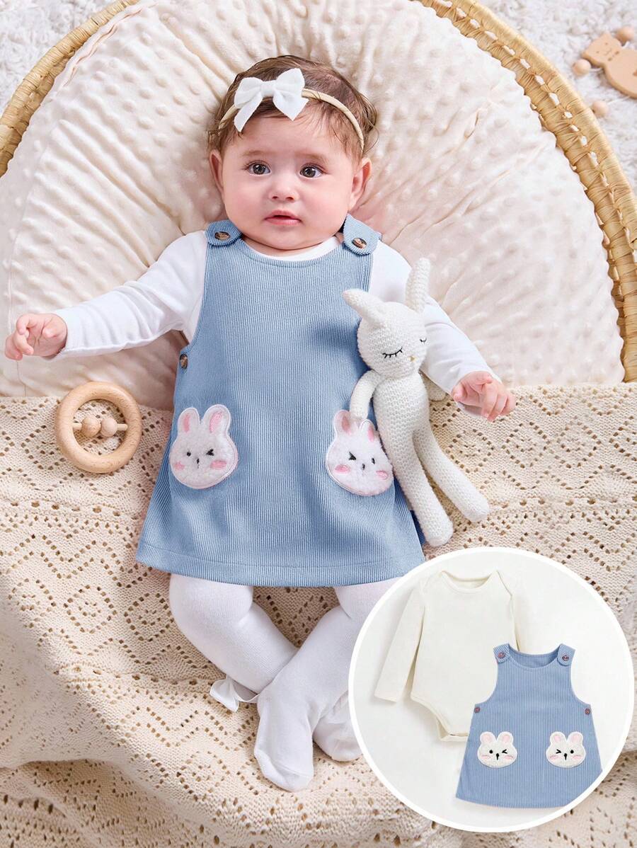 SHEIN Neugeborenen Baby Mädchen süßes lässiges Set aus Langarm Top mit Cartoon Muster und Kleid