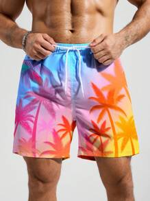 Manfinity KASUA Pantaloncini da spiaggia da uomo taglie forti con stampa di palme, adatti per spiaggia, vacanza, stile hawaiano