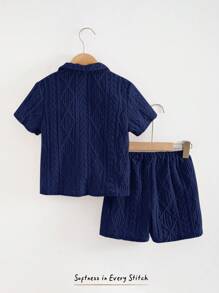 Cozy Pixies 2件套男童纯色领短袖开衫配松紧腰短裤 - 寶藍色 - 查看 2
