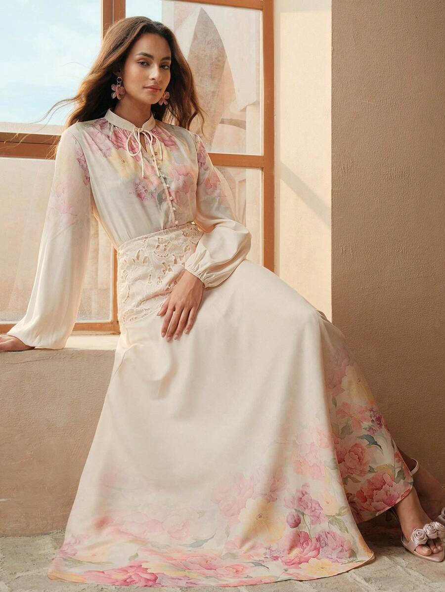 Anewsta 女装春夏时尚定位印花蕾丝拼接杏色半裙 - 杏色 - 查看 1