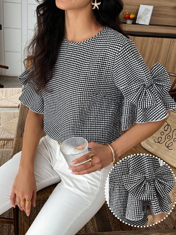 SHEIN LUNE Blusa de cuello redondo con manga de campana, decoración de moño a cuadros, verano